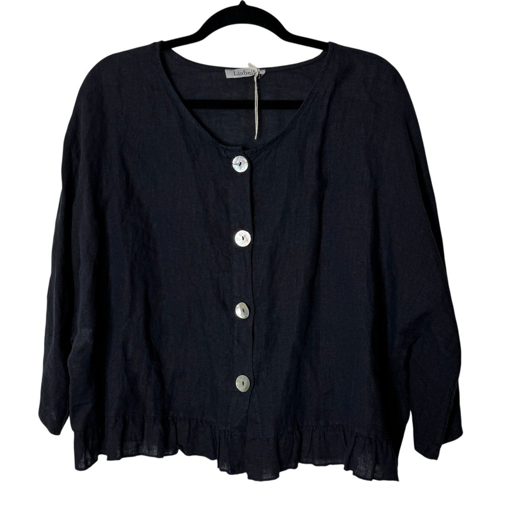 Liabella Italy Black Linen Ruffle Hem Button Front Blouse Top Womens Small NWOT